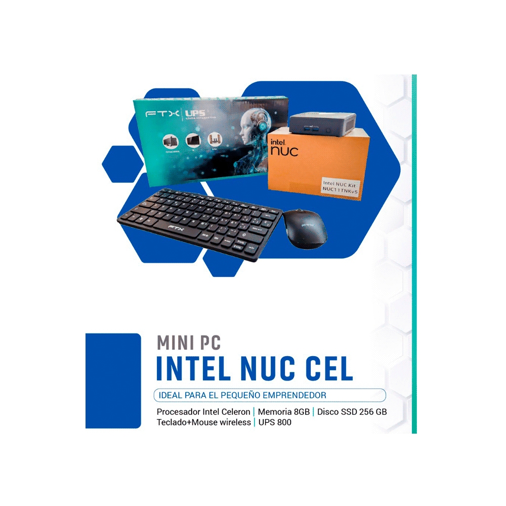 fastrax_110969_693084b5cda4b.jpg MINI PC INTEL NUC CELERON 8GB/256GB+ TECLADO+ MOUSE WIRELESS+ UPS 800VA - Imagen 1