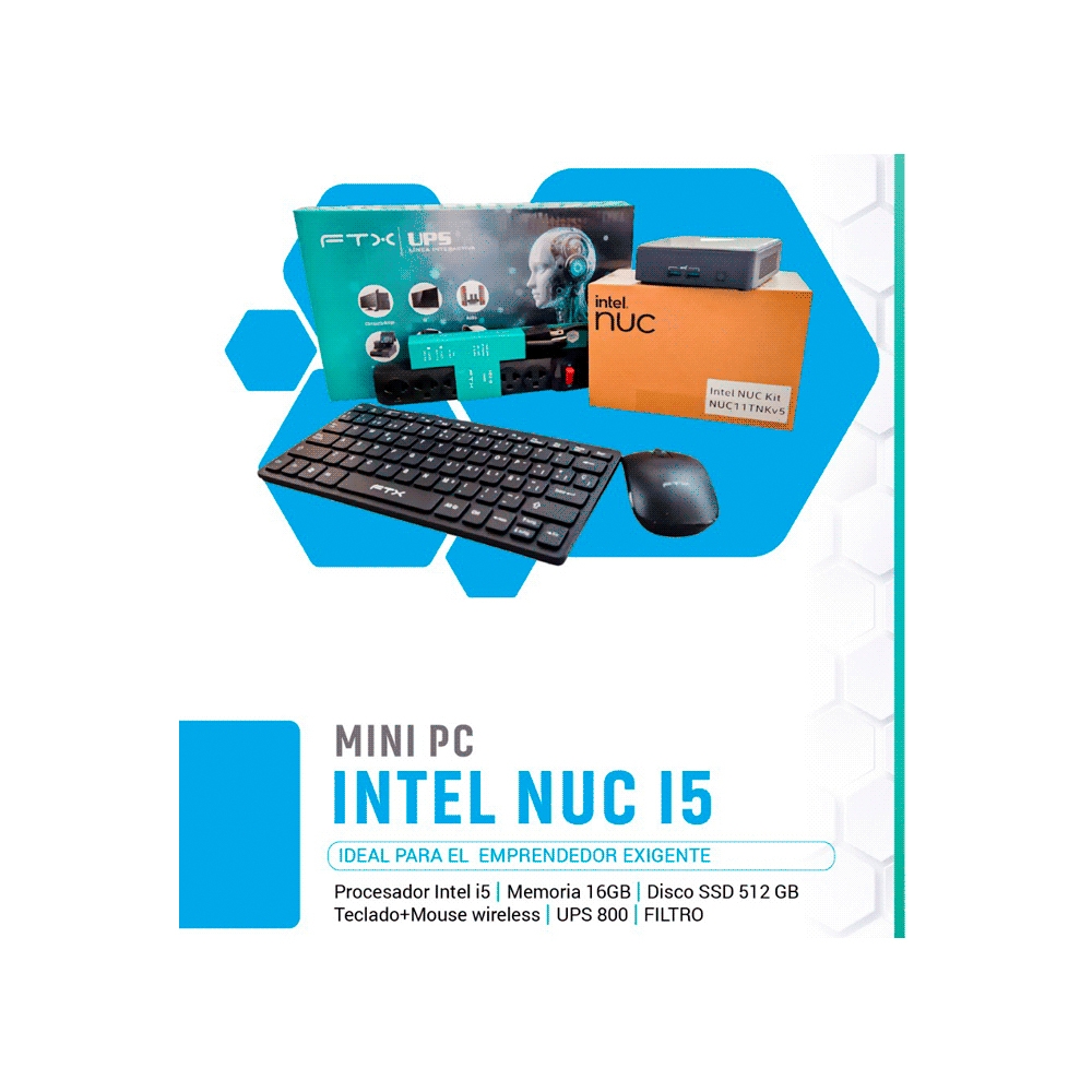 fastrax_110983_693084b9b9a59.jpg MINI PC INTEL NUC CORE I5 16GB/512GB+TECLADO+ MOUSE WIRELESS+ UPS 800VA+ FILTRO DE LINEA - Imagen 1