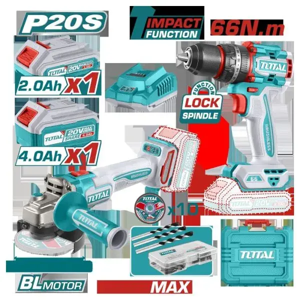 kit-taladro-percutor-66nm-y-amoladora-115mm-total-20v-brushless_001 COMBO TALADRO P66NM+AMOLADORA 100W BL2X BAT 20V - Imagen 1