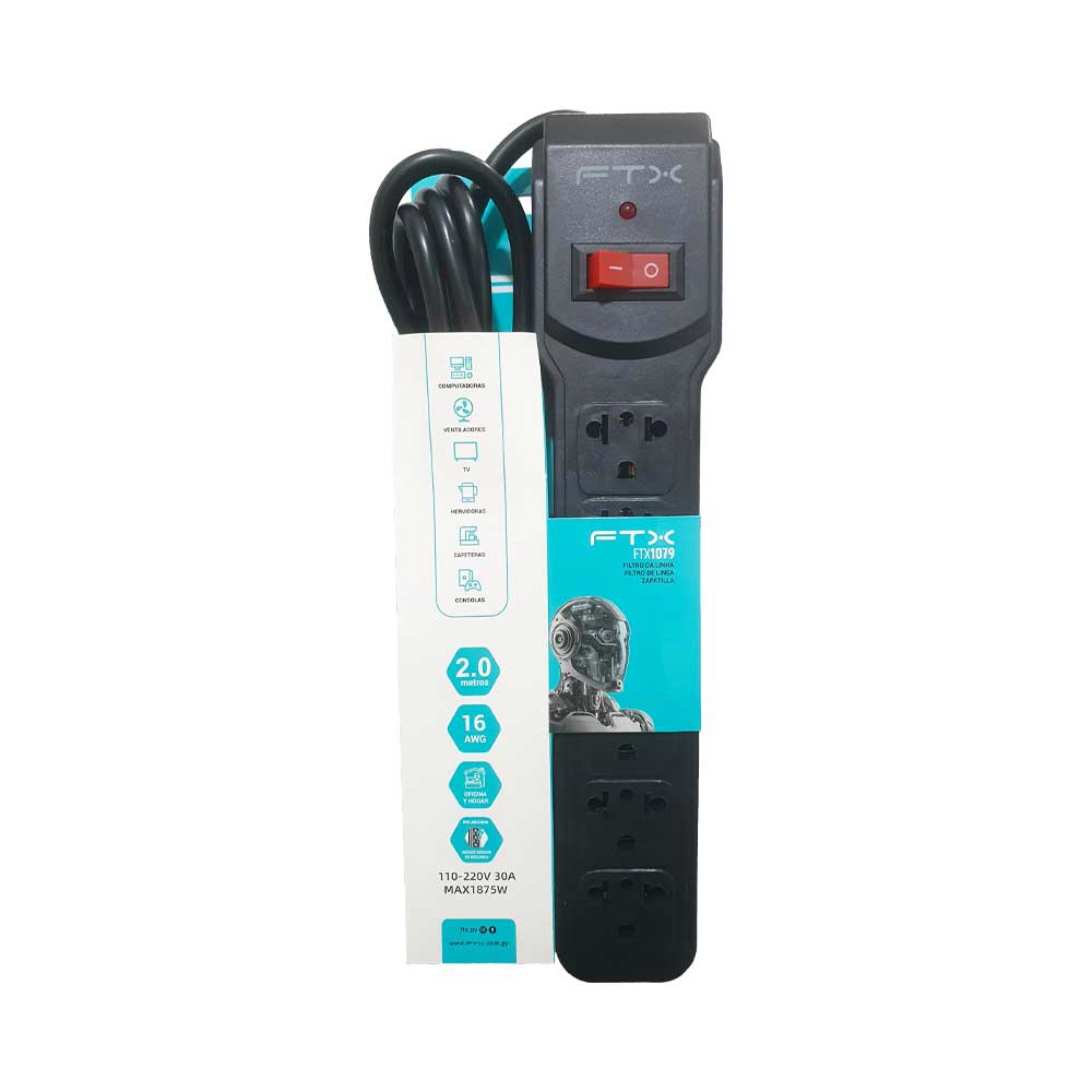 fastrax_108713_6a615a5eea0c3.jpg FILTRO DE LINEA FTX1079 DE 6 TOMAS NEMA EUR 110/220V - Imagen 1