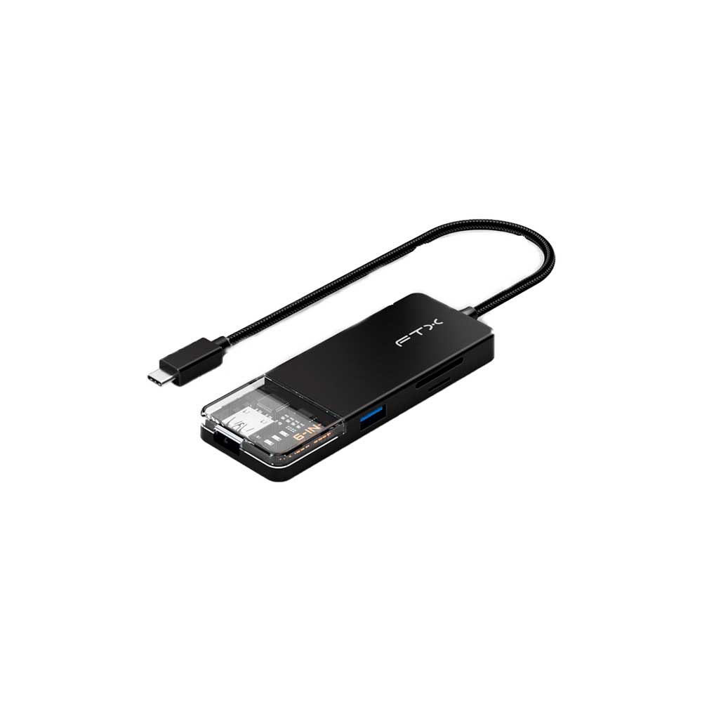 fastrax_115520_6a615b53e4df5.jpg HUB 6 EN 1 USB-C - HDMI/USB-A/USB-C/SD FTX-HUBT4-PB 4K/30HZ/100W/5GBPS - Imagen 1