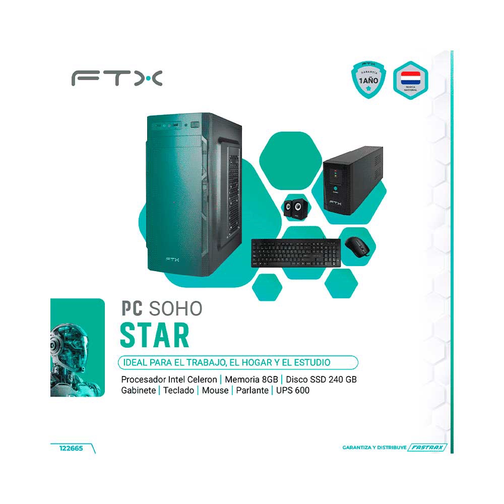 fastrax_122665_6a615be23d972.jpg COMPUTADORA FTX SOHO STAR CEL/240SSD/8G + UPS 600W + MOUSE + TECLADO - Imagen 1