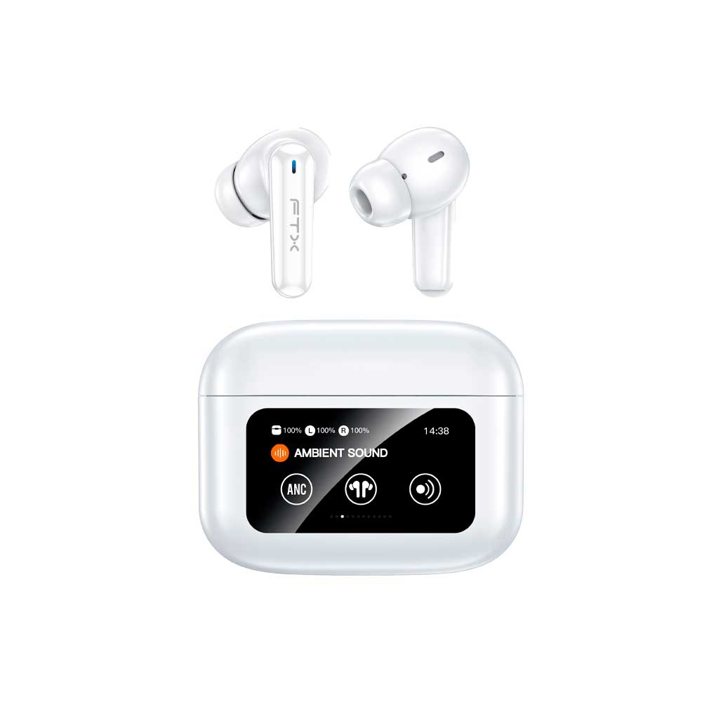 fastrax_124690_6a615c41bfdfd.jpg AURICULAR CON MICROFONO FTX E56L-WH BT/MIC/ANC/TOUCH/IPX6 BLANCO C/PANT LED - Imagen 1