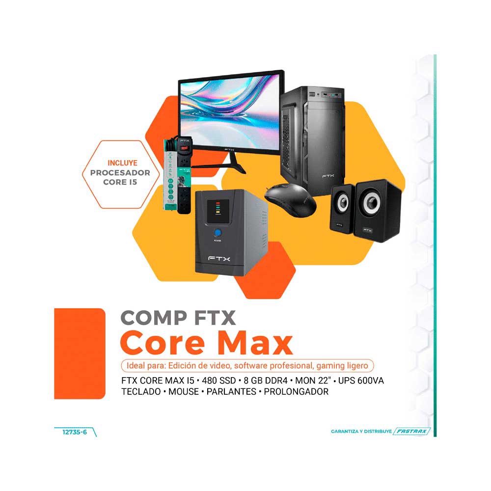 fastrax_127356_6a615ccd3c32c.jpg COMPUTADORA FTX CORE MAX I5/480SSD/8G+ MON 22"+ UPS 600+ TECLADO+ MOU+ SPK+ FILTRO - Imagen 1